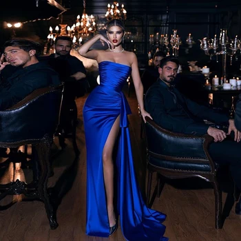 כחול רויאל סאטן אלגנטי שמלות ערב סטרפלס ללא שרוולים גבוה פיצול נשים ארוך רשמית נשף התחרות שמלות בהזמנה אישית