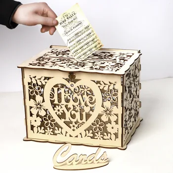 עץ מתנות חתונה כרטיס קופסאות עם מנעול מר וגברת כמה דפוס פרחים המעטפה לחתום על כרטיסי תיבת עץ DIY חתונה כפרית
