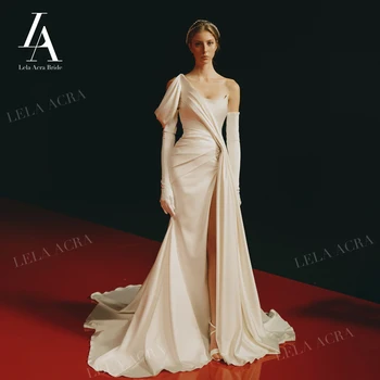 LelaAcra סאטן פיצול שמלות חתונה עבור נשים 2023 אופנה חרוזים בתולת ים רכבת משפט הנסיכה הכלה שמלת VS32 Vestido de Noiva