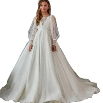 לבן אלגנטי פרח ילדה שמלות חתונה חרוזים, נצנצים שרוול ארוך הפעוט התחרות שמלות יום הולדת שמלת ההתייחדות הראשונה
