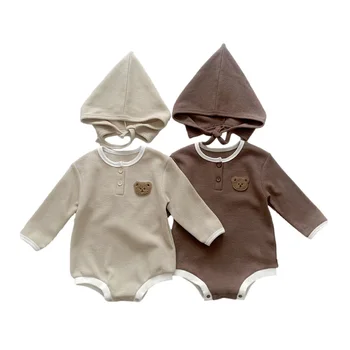 2023 סתיו וופל בייבי Romper כובע תינוק תלבושת להגדיר דוב חמוד קוריאנית ילדים סרבלים עבור בנות בנים אופנה של בגדי תינוקות חליפה