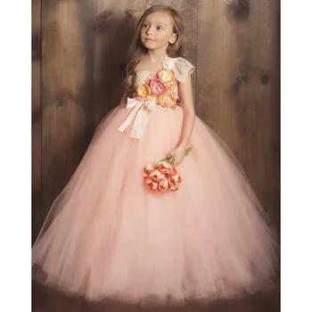אלגנטי בנות פרח טוטו השמלה ילדים סריגה טול רצועת שמלות שמלת נשף עם תחרה קשת ילדים מסיבת חתונה שמלת תחפושת