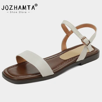 JOZHAMTA גודל 32-43 דירות סנדלים לנשים 2023 אופנה עור אמיתי עקב נמוך נעלי קיץ אבזם רצועה מזדמנים שטוחות Sandalias
