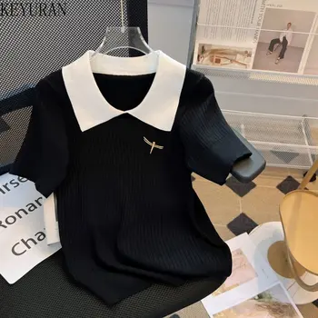 2023 הקיץ השחור החדש שפירית רקמה קצרות-שרוול סוודר נשים לסרוג חולצה גג לבן דש סלים מקרית קוריאני בגדים