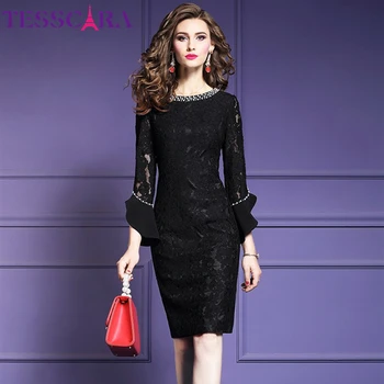 TESSCARA נשים אלגנטי חרוזים שמלת תחרה לפסטה נקבה איכות גבוהה בציר מעצב חלוק נשי המסיבה במשרד עיפרון Vestidos