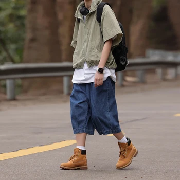אופנת רחוב יפנית ג 'ינס כחול Capris אופנה לגברים ההגירה דק רחב ג' ינס גדול Harajuku רטרו חופשי מזדמן רגל ישרה ' ינס