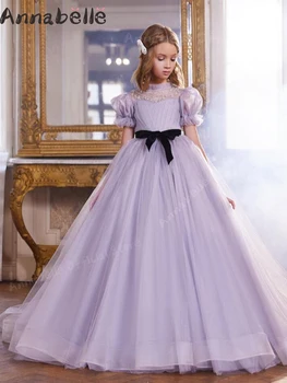 אנאבל אלגנטי של ילדה שמלות ארוכות פרפר החגורה שמלות פרח חתונות ילדה שמלות אלגנטיות