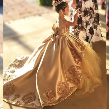 איכות גבוהה הראשונות שמלות קודש ילדים ערב שמלת נשף זהב אפליקציה קשת בנות תחרות שמלת סאטן טול שמלת ילדה פרח