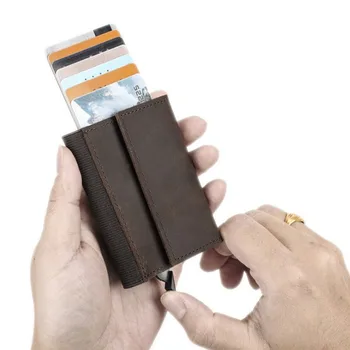 בציר סוס משוגע אמיתי עור פרה אלומיניום RFID אנשים עסקים ID הבנק מחזיקי כרטיס לצוץ סלים כרטיס אשראי מקרה הארנק הגברי.