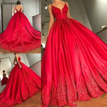 יוקרה אדום קו שמלות סקסיות ספגטי צוואר V התחרה Appliqued חרוזים רכבת משפט רשמי שמלות כלה שמלת החתונה