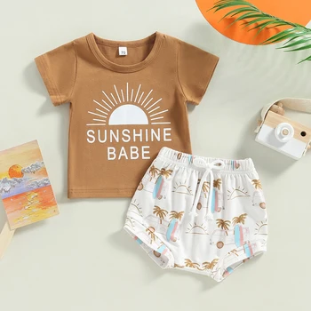 אופנה קיץ פעוטות ילדים תינוק שרק נולד בנים בגדים סטים 0-3Y השמש מכתב הדפס שרוול קצר חולצות+שרוך המכנסיים Outifts