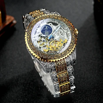 הזוכה שעון גברים אופנה וינטג ' חרוט שעונים גברים זהב טורבילון שלד מכני אוטומטי שעוני יד גברים הירח שלב